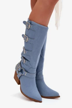 Kozaki Kowbojki Na Słupku Z Klamrami Jeansowe Fivelle