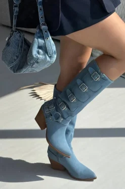 Kozaki Kowbojki Na Słupku Z Klamrami Jeansowe Fivelle