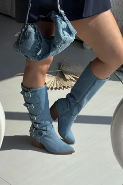 Kozaki Kowbojki Na Słupku Z Klamrami Jeansowe Fivelle