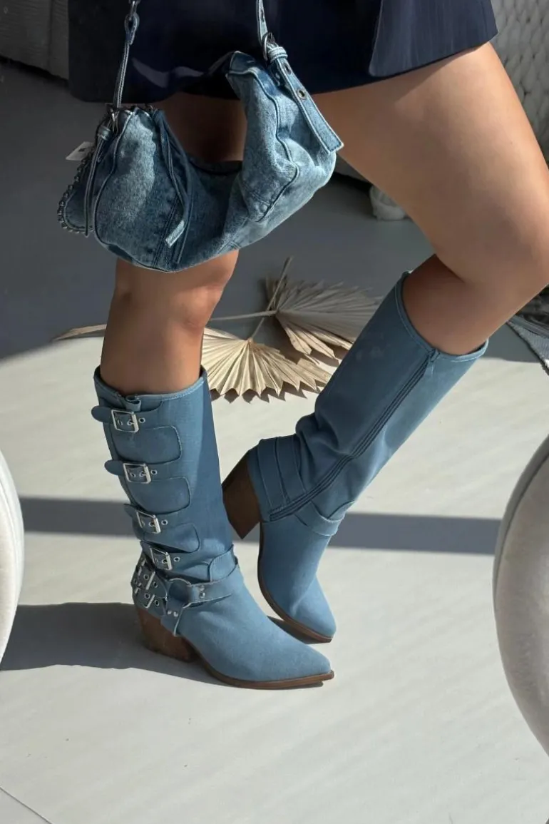 Kozaki Kowbojki Na Słupku Z Klamrami Jeansowe Fivelle