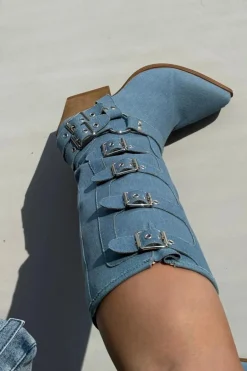 Kozaki Kowbojki Na Słupku Z Klamrami Jeansowe Fivelle