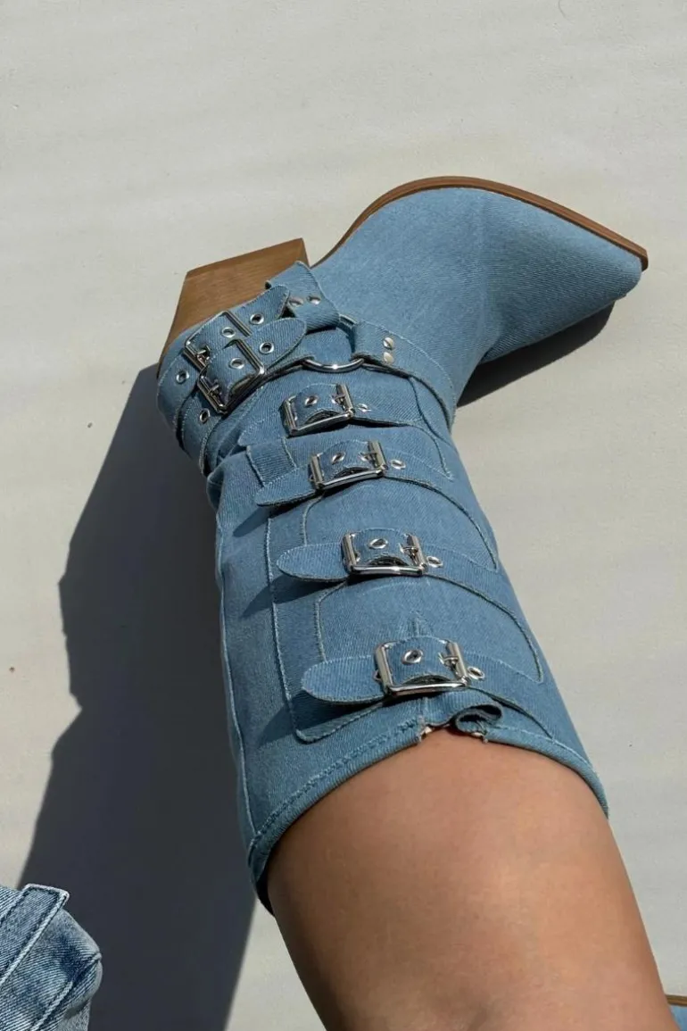 Kozaki Kowbojki Na Słupku Z Klamrami Jeansowe Fivelle