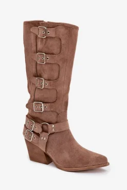 Kozaki Kowbojki Na Słupku Z Klamrami Ciemnobeżowe Fivelle