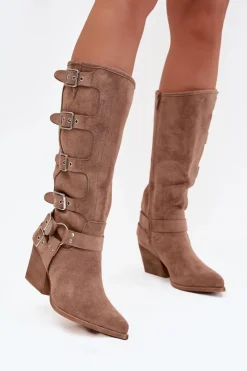 Kozaki Kowbojki Na Słupku Z Klamrami Ciemnobeżowe Fivelle