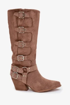 Kozaki Kowbojki Na Słupku Z Klamrami Ciemnobeżowe Fivelle