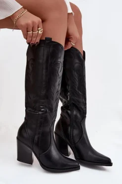 Kozaki Kowbojki Na Słupku Eko Skórzane Ocieplane Czarne Zareen