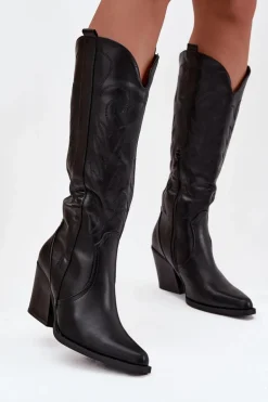 Kozaki Kowbojki Na Słupku Eko Skórzane Ocieplane Czarne Zareen