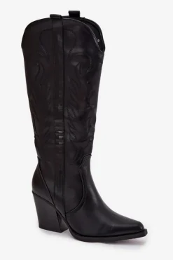 Kozaki Kowbojki Na Słupku Eko Skórzane Ocieplane Czarne Zareen