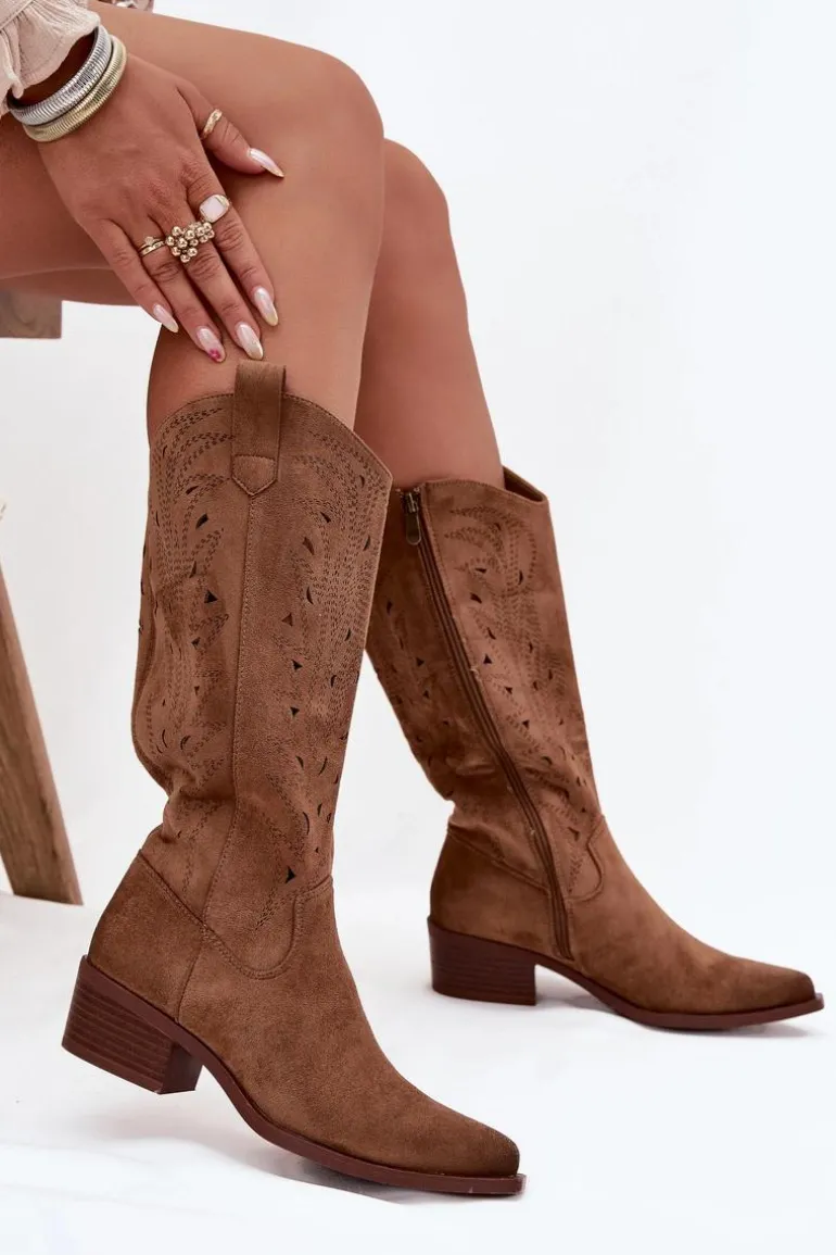 Kozaki Kowbojki Z Ażurowym Wzorem Na Niskim Obcasie Khaki Selirae