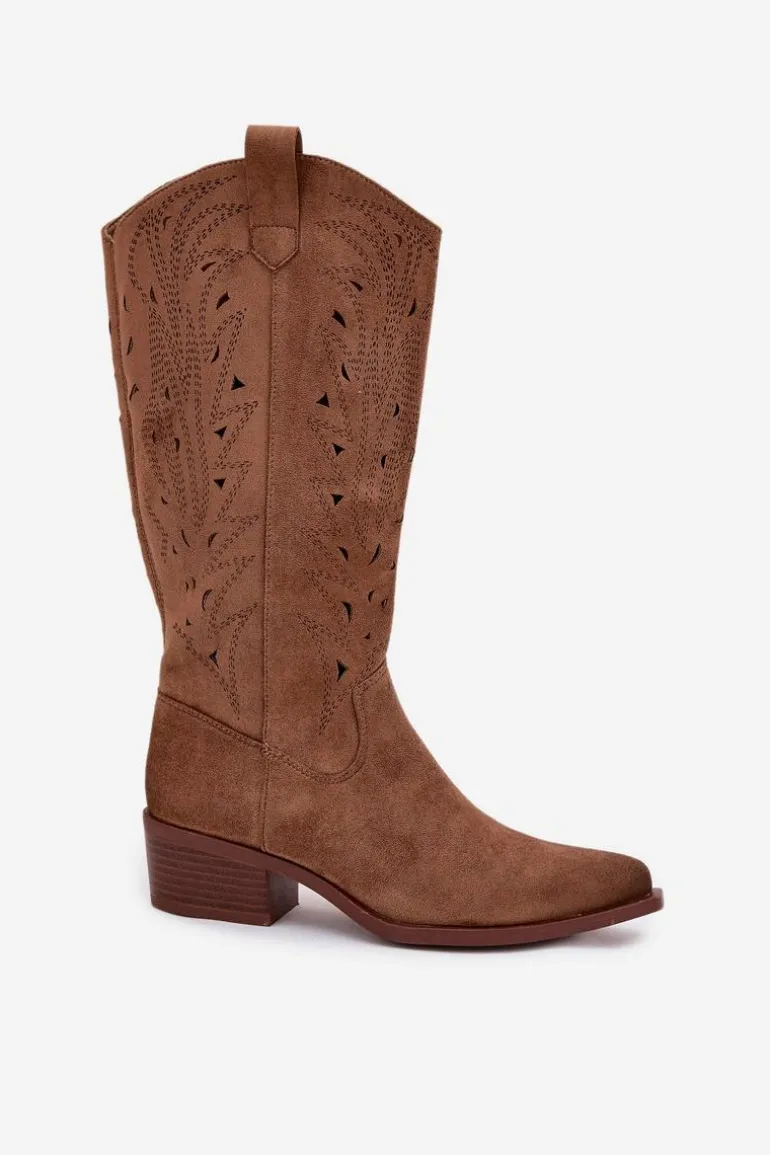 Kozaki Kowbojki Z Ażurowym Wzorem Na Niskim Obcasie Khaki Selirae