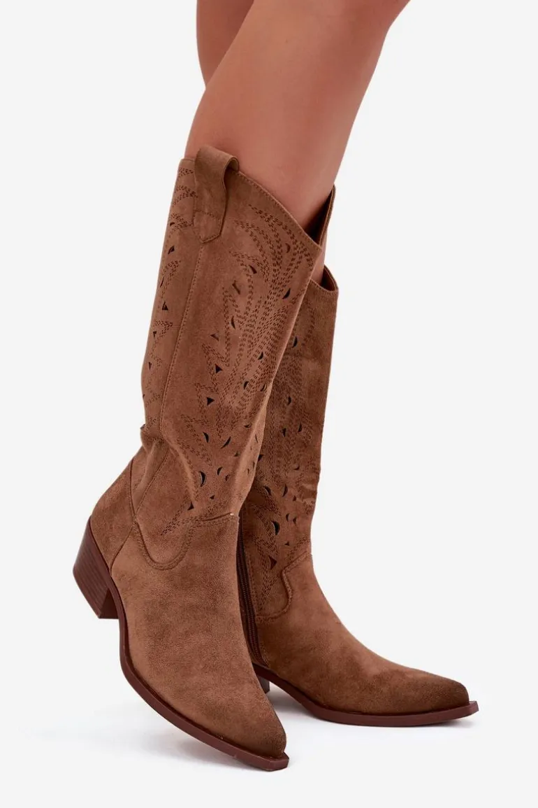 Kozaki Kowbojki Z Ażurowym Wzorem Na Niskim Obcasie Khaki Selirae