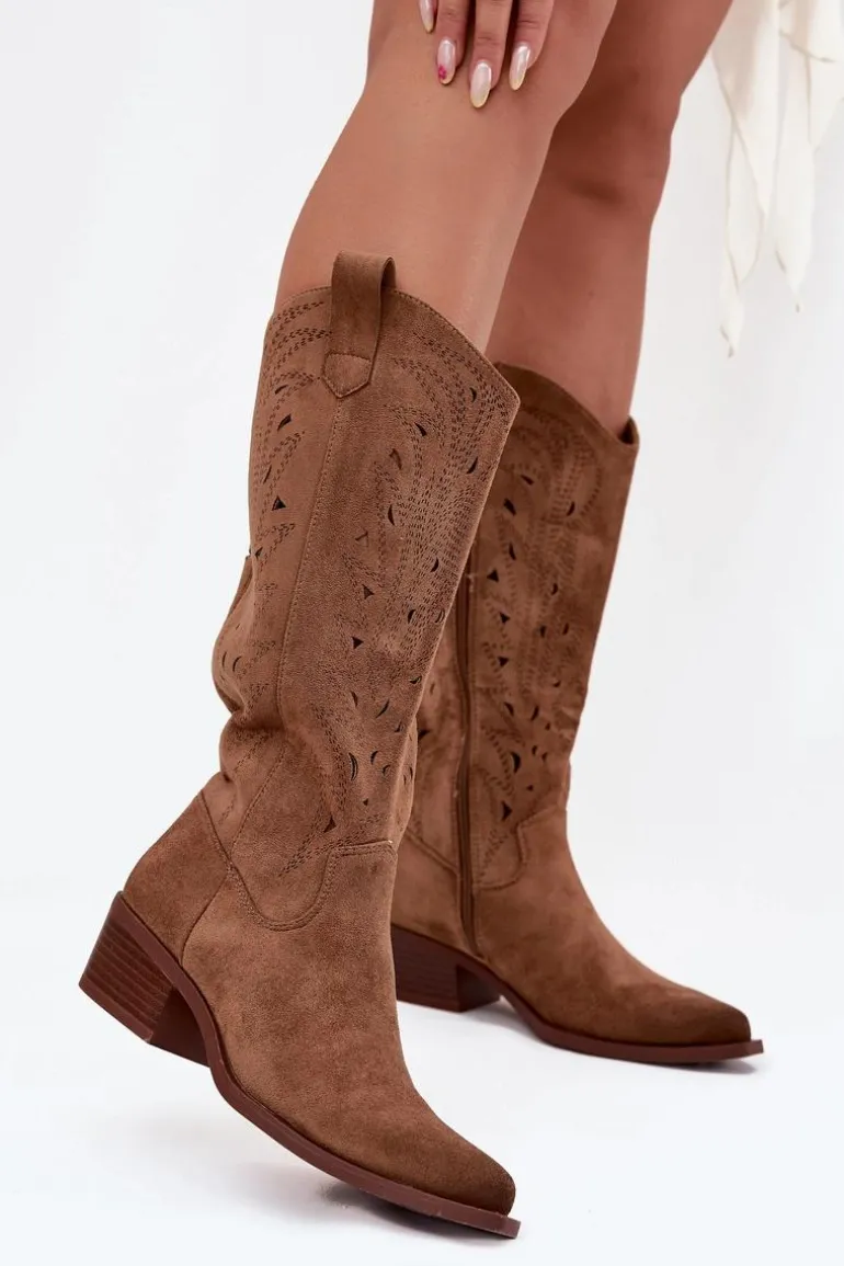 Kozaki Kowbojki Z Ażurowym Wzorem Na Niskim Obcasie Khaki Selirae