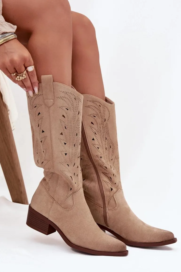 Kozaki Kowbojki Z Ażurowym Wzorem Na Niskim Obcasie Beżowe Selirae