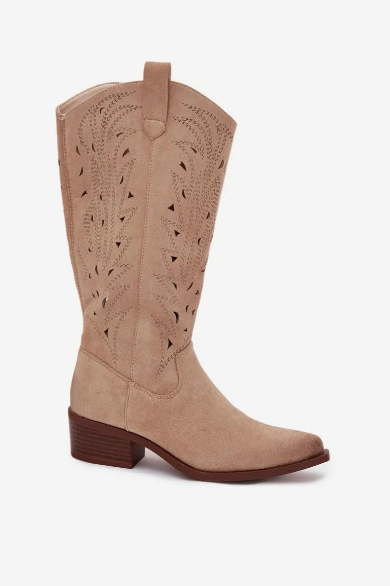Kozaki Kowbojki Z Ażurowym Wzorem Na Niskim Obcasie Beżowe Selirae