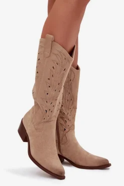 Kozaki Kowbojki Z Ażurowym Wzorem Na Niskim Obcasie Beżowe Selirae