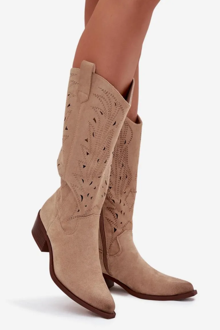 Kozaki Kowbojki Z Ażurowym Wzorem Na Niskim Obcasie Beżowe Selirae