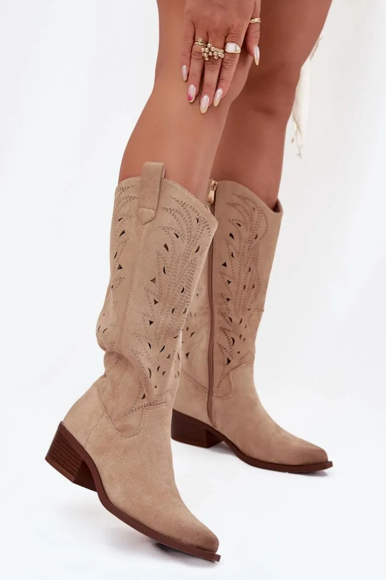 Kozaki Kowbojki Z Ażurowym Wzorem Na Niskim Obcasie Beżowe Selirae