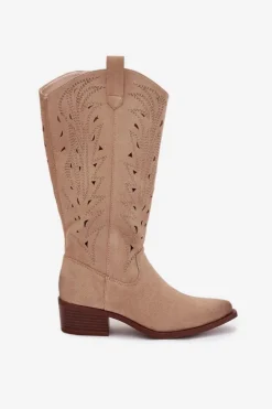 Kozaki Kowbojki Z Ażurowym Wzorem Na Niskim Obcasie Beżowe Selirae