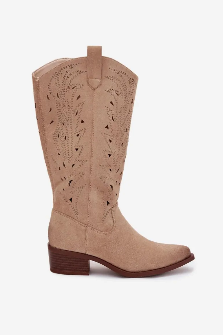 Kozaki Kowbojki Z Ażurowym Wzorem Na Niskim Obcasie Beżowe Selirae