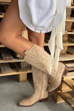 Kozaki Kowbojki Z Ażurowym Wzorem Na Niskim Obcasie Beżowe Selirae