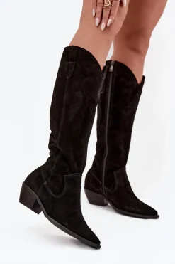 Kozaki Kowbojki Z Naturalnego Zamszu Ocieplane Zazoo 4225 Czarne