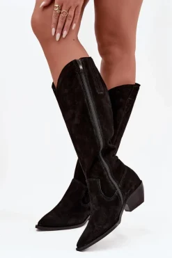 Kozaki Kowbojki Z Naturalnego Zamszu Ocieplane Zazoo 4225 Czarne