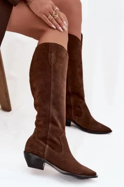 Kozaki Kowbojki Z Naturalnego Zamszu Ocieplane Zazoo 4225 Brązowe