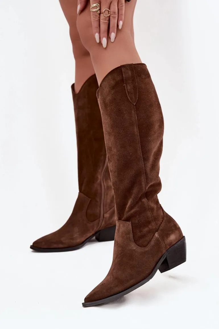 Kozaki Kowbojki Z Naturalnego Zamszu Ocieplane Zazoo 4225 Brązowe