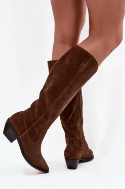 Kozaki Kowbojki Z Naturalnego Zamszu Ocieplane Zazoo 4225 Brązowe