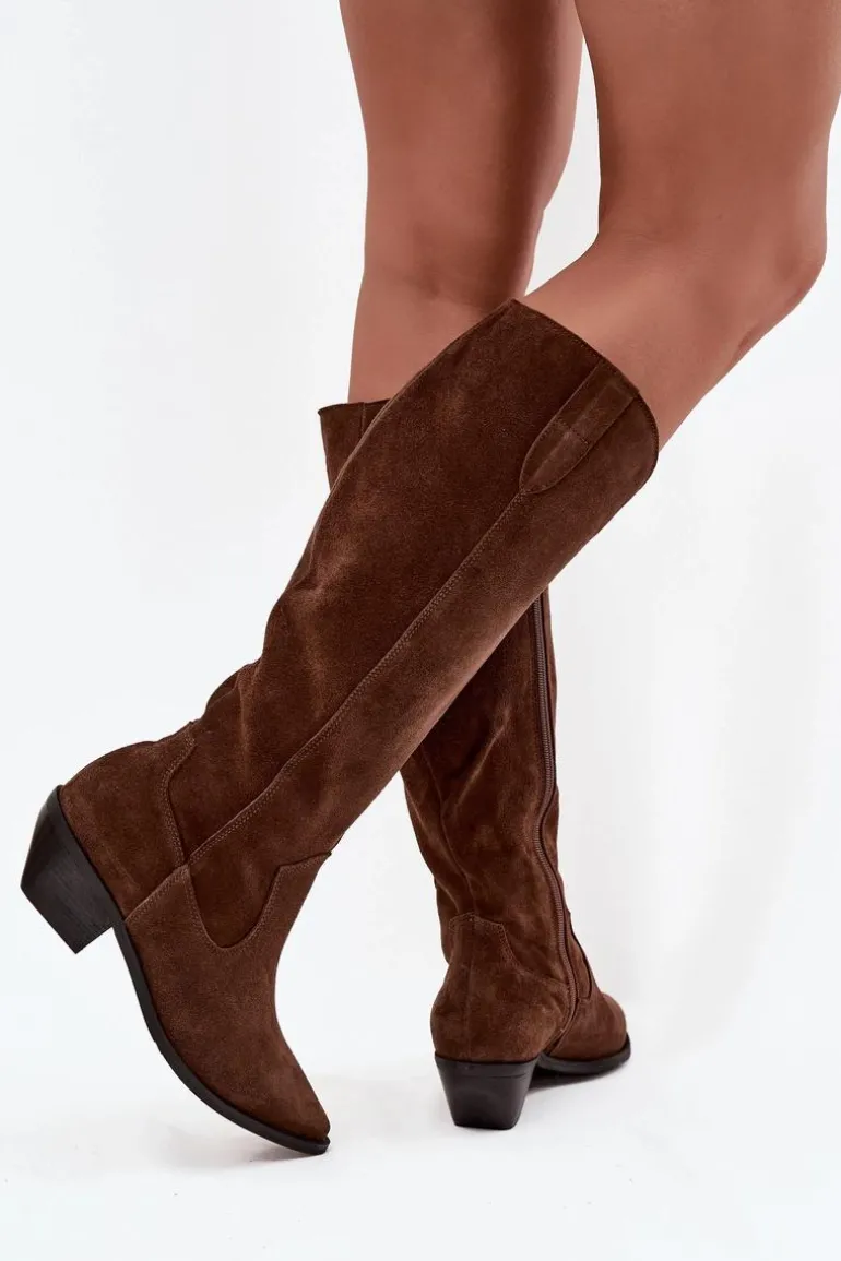 Kozaki Kowbojki Z Naturalnego Zamszu Ocieplane Zazoo 4225 Brązowe