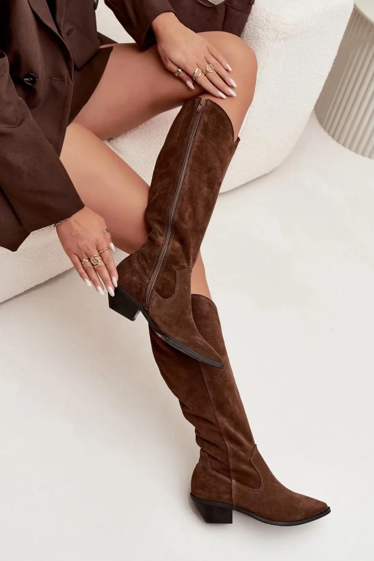 Kozaki Kowbojki Z Naturalnego Zamszu Ocieplane Zazoo 4225 Brązowe