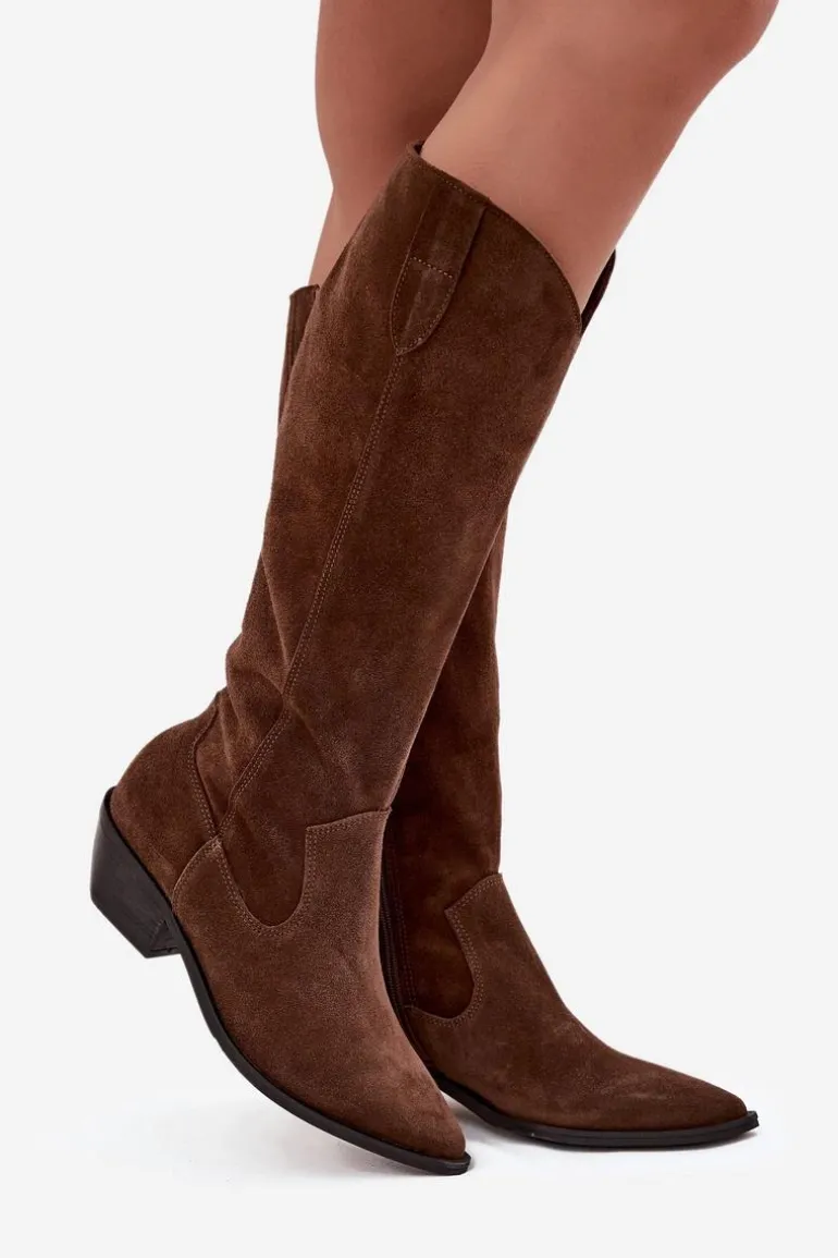 Kozaki Kowbojki Z Naturalnego Zamszu Ocieplane Zazoo 4225 Brązowe