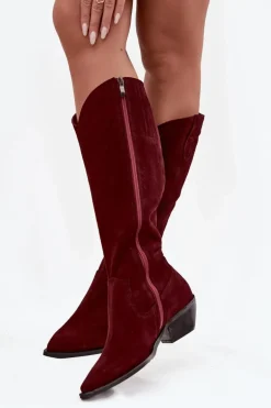 Kozaki Kowbojki Z Naturalnego Zamszu Ocieplane Zazoo 4225 Bordowe