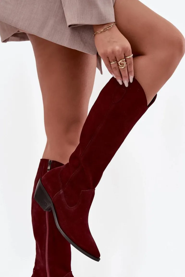 Kozaki Kowbojki Z Naturalnego Zamszu Ocieplane Zazoo 4225 Bordowe