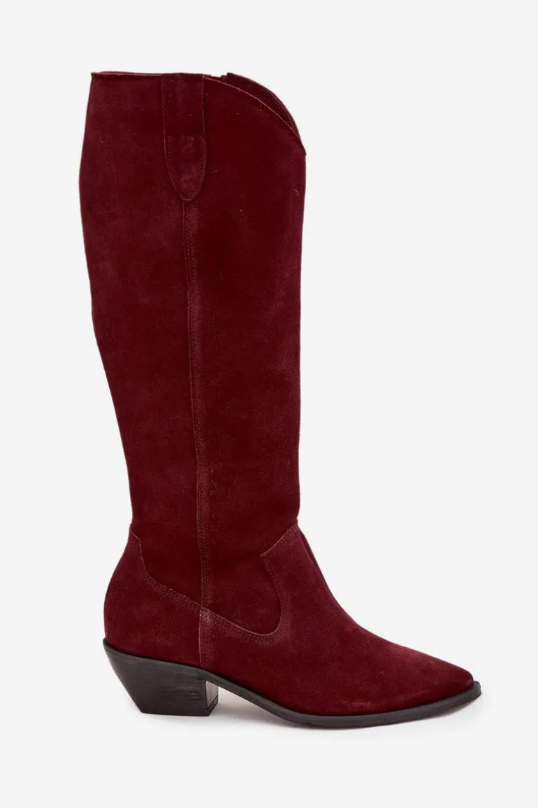 Kozaki Kowbojki Z Naturalnego Zamszu Ocieplane Zazoo 4225 Bordowe