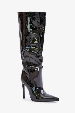 Kozaki Lakierowane Ocieplane Na Szpilce Z Klamrą Czarne Tameliae