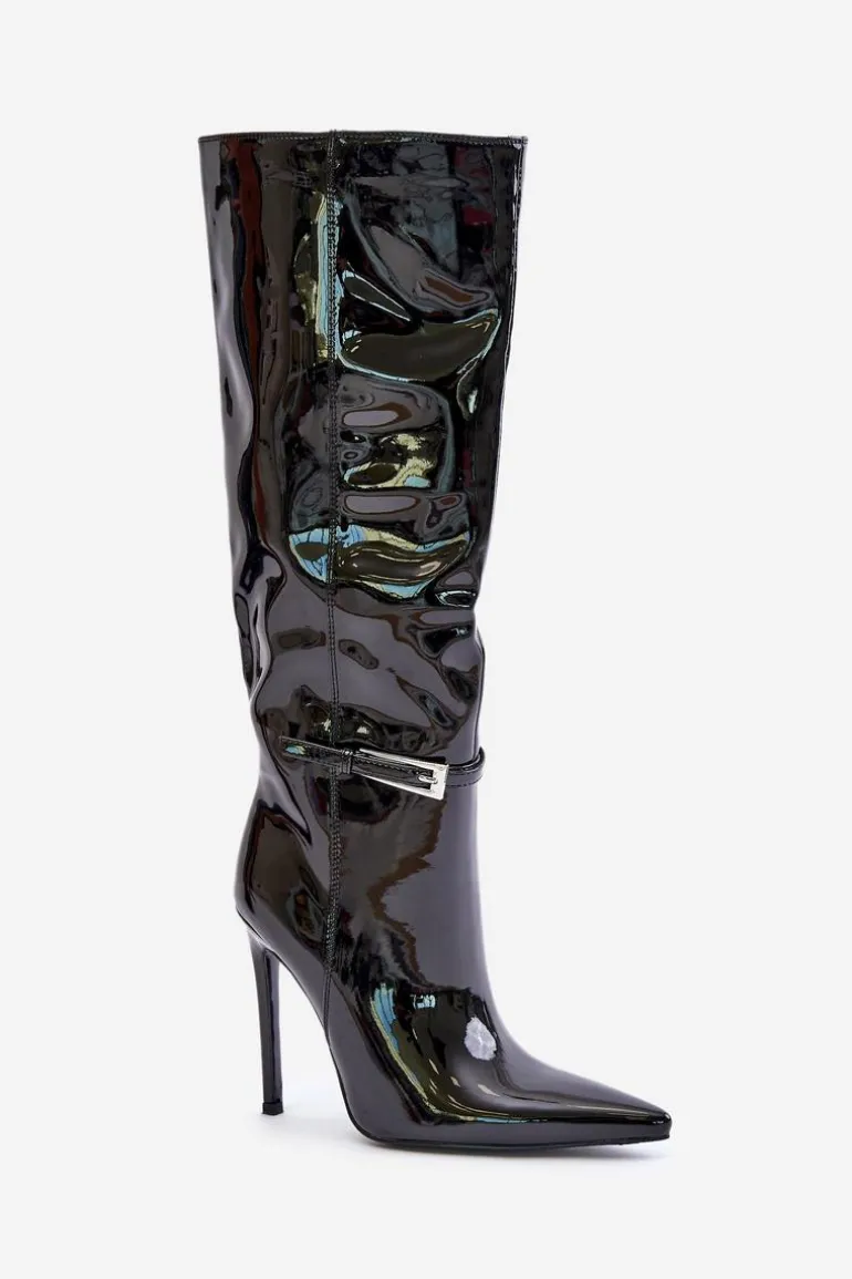 Kozaki Lakierowane Ocieplane Na Szpilce Z Klamrą Czarne Tameliae