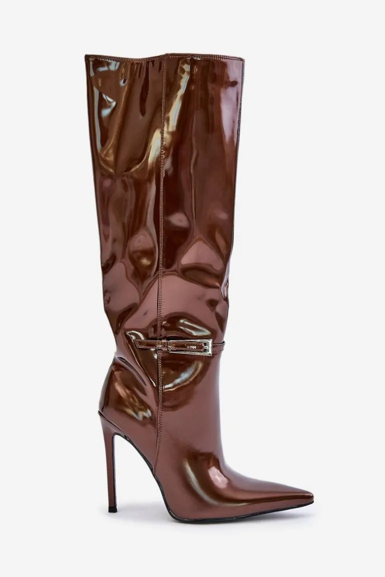 Kozaki Lakierowane Ocieplane Na Szpilce Z Klamrą Brązowe Tameliae