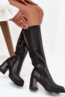 Kozaki Muszkieterki Damskie Z Naturalnej Skóry Na Słupku Ocieplane Vinceza 66826 Czarne