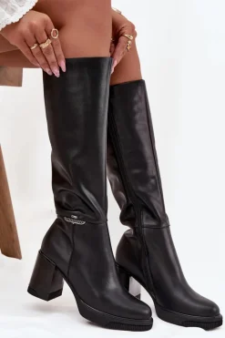 Kozaki Muszkieterki Damskie Z Naturalnej Skóry Na Słupku Ocieplane Vinceza 66826 Czarne