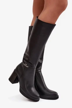 Kozaki Muszkieterki Damskie Z Naturalnej Skóry Na Słupku Ocieplane Vinceza 66826 Czarne