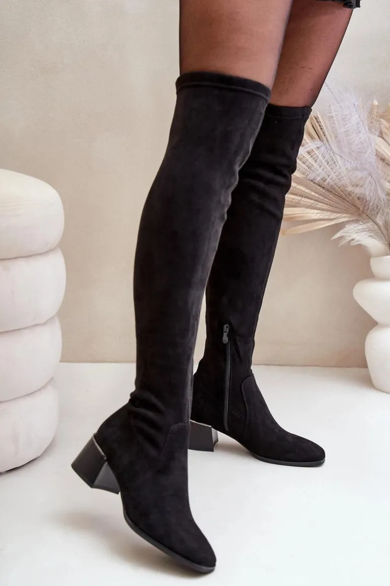 Kozaki Na Obcasie Klocku Za Kolano Z Eko Zamszu Czarne Galadi