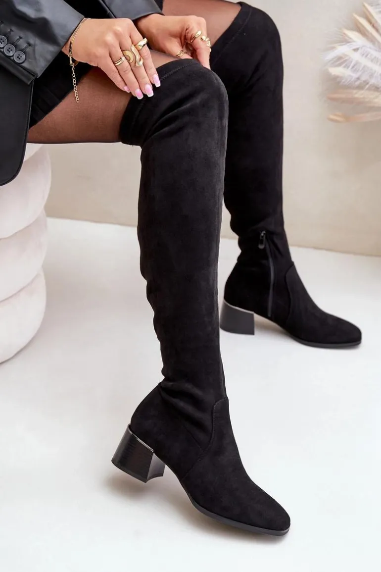 Kozaki Na Obcasie Klocku Za Kolano Z Eko Zamszu Czarne Galadi