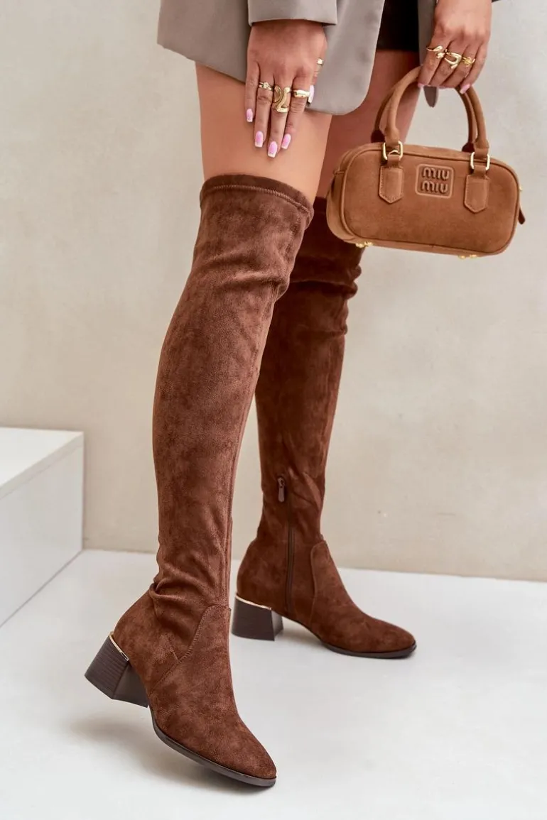 Kozaki Na Obcasie Klocku Za Kolano Z Eko Zamszu Brązowe Galadi