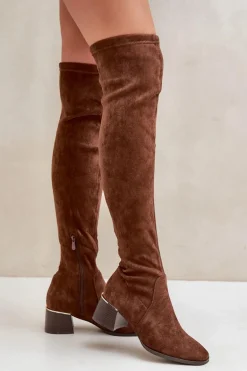 Kozaki Na Obcasie Klocku Za Kolano Z Eko Zamszu Brązowe Galadi