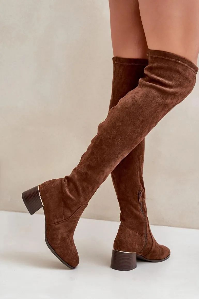 Kozaki Na Obcasie Klocku Za Kolano Z Eko Zamszu Brązowe Galadi