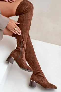 Kozaki Na Obcasie Klocku Za Kolano Z Eko Zamszu Brązowe Galadi