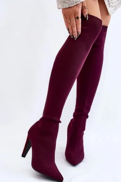 Kozaki Na Obcasie Ze Skarpetą Bordowe Renoli