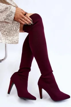 Kozaki Na Obcasie Ze Skarpetą Bordowe Renoli