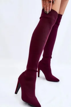 Kozaki Na Obcasie Ze Skarpetą Bordowe Renoli